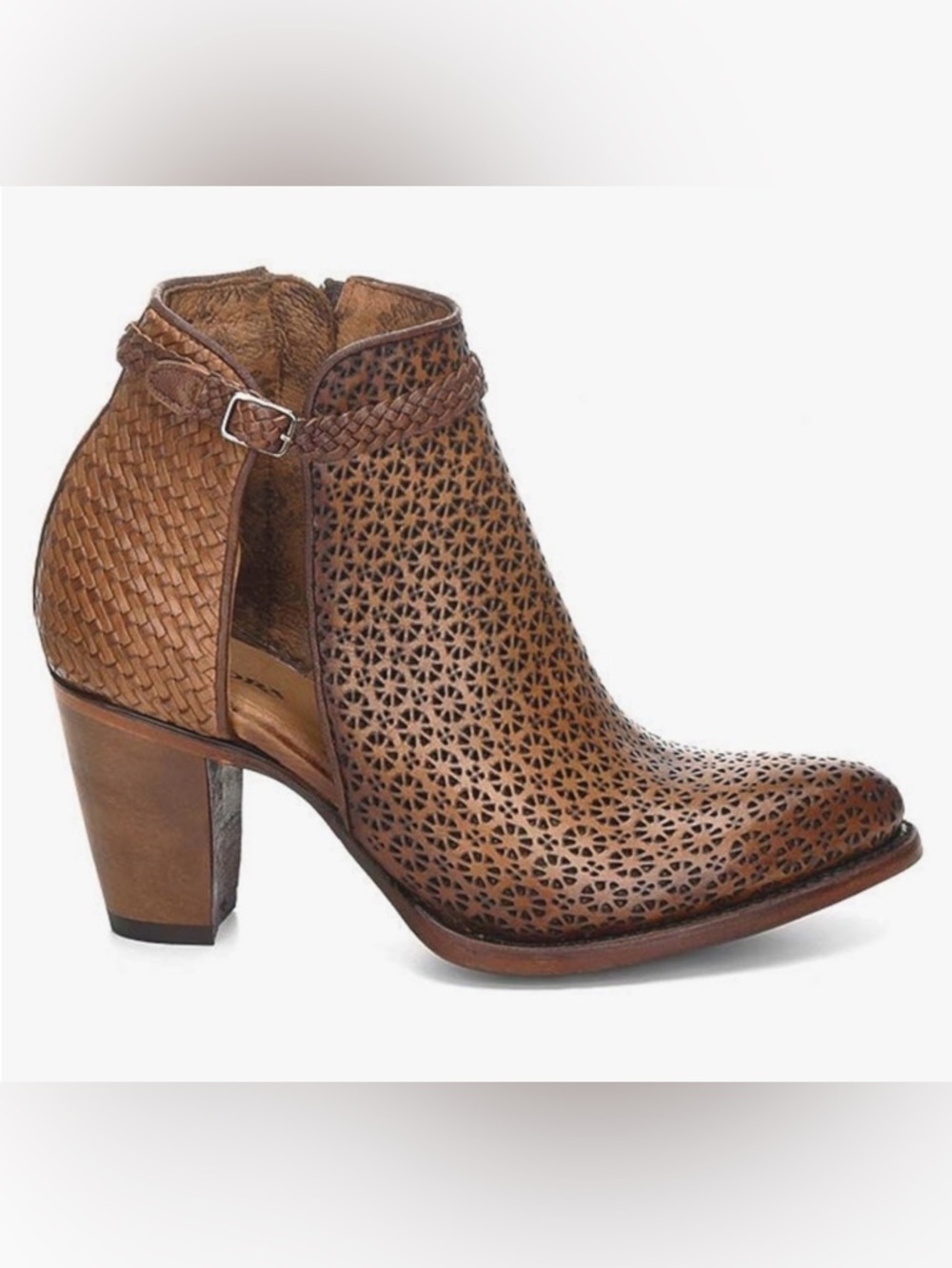 Cuadra Brown Perforated Bovine real Leather Ankle Bootie with Braided Strap
